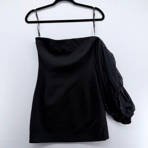 SER.O.YA Black One Shoulder Mesh Puff Sleeve Mini Dress XS